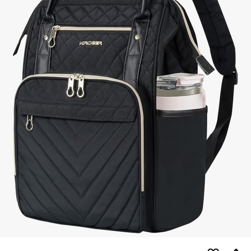 KROSER Black Quilted Women's Backpack Tote with Gold Accents